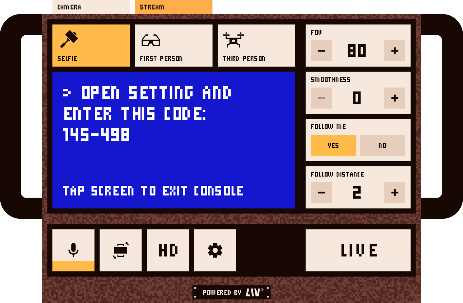LIV camera and streaming mode toggle